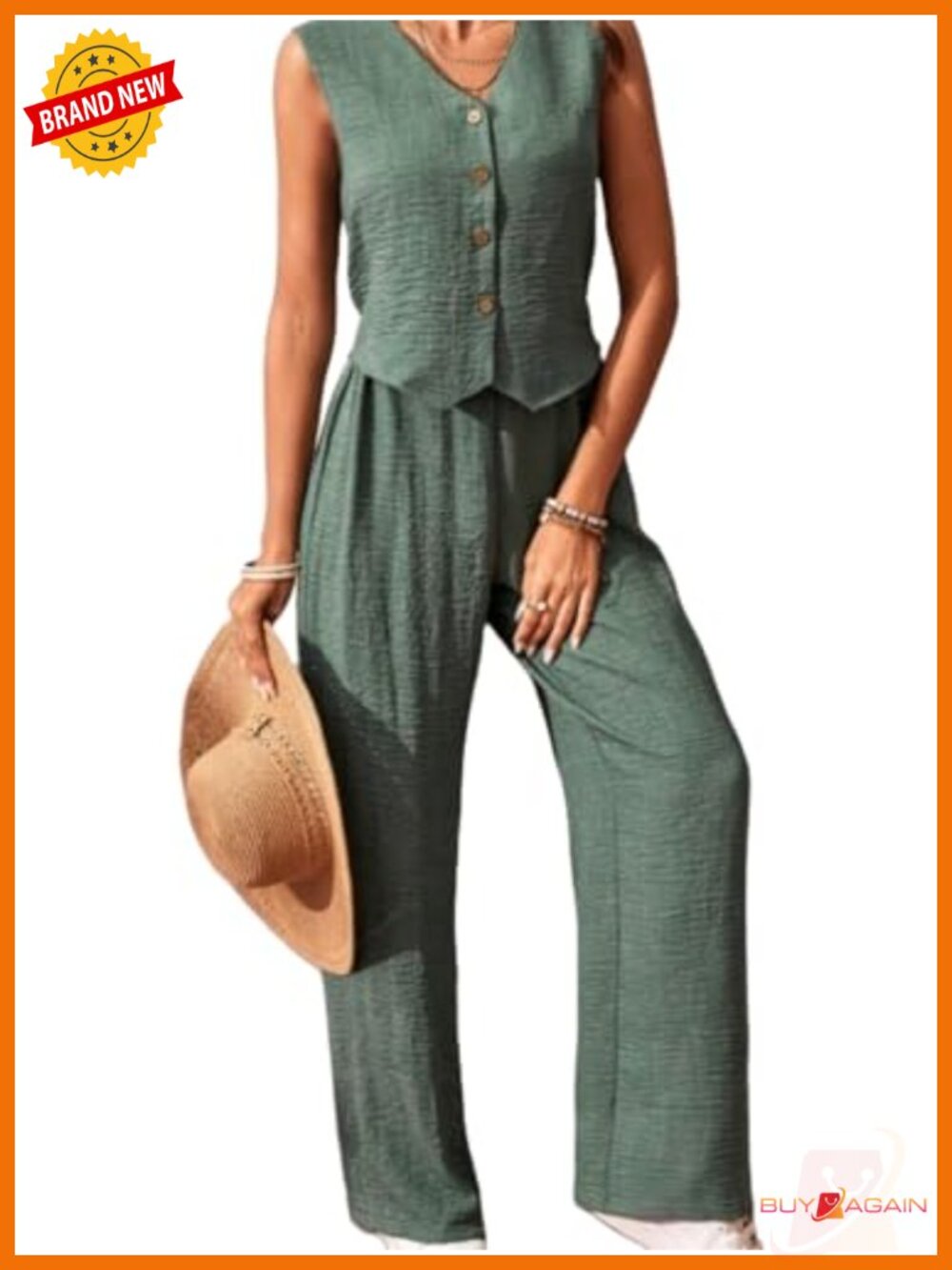Women's 2 Piece Linen Blend Vest & Wide Leg Pants Set